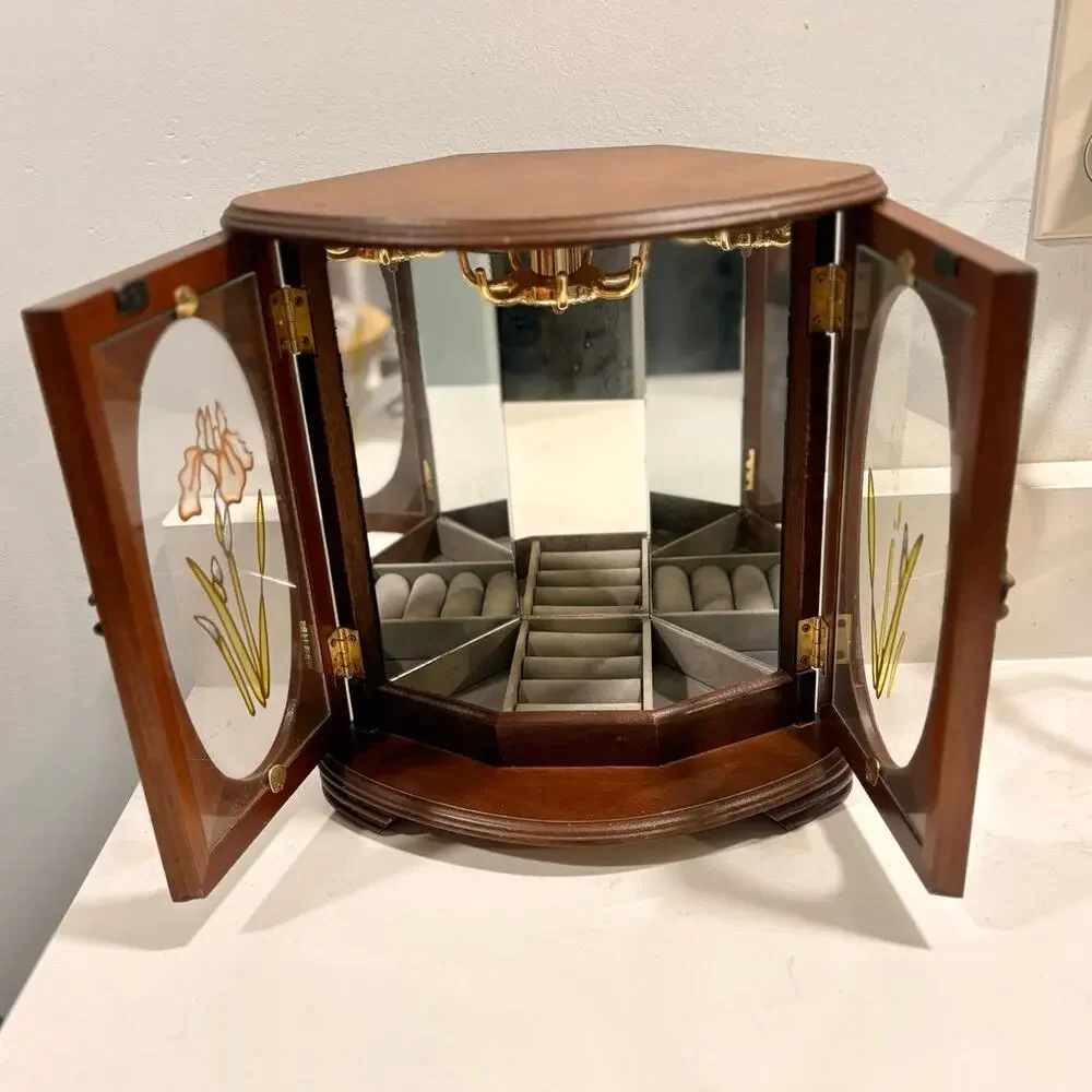 Vintage Wooden Jewelry Box Mirrored Interior Iris Glass Doors Trinket Case